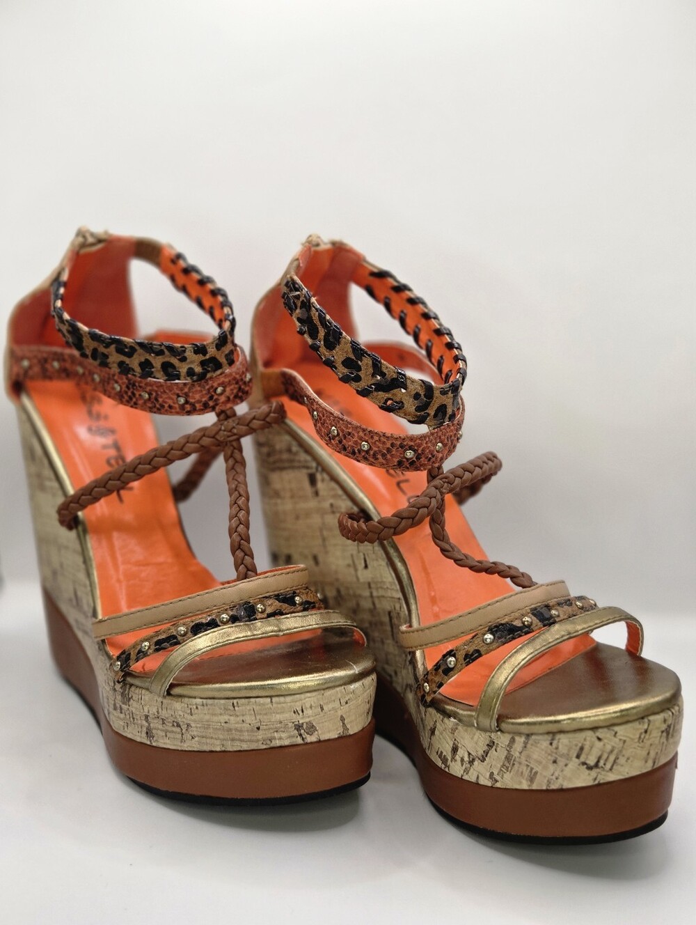 Wedge Sandals with Leopard Ankle Strap in Orange and Brown